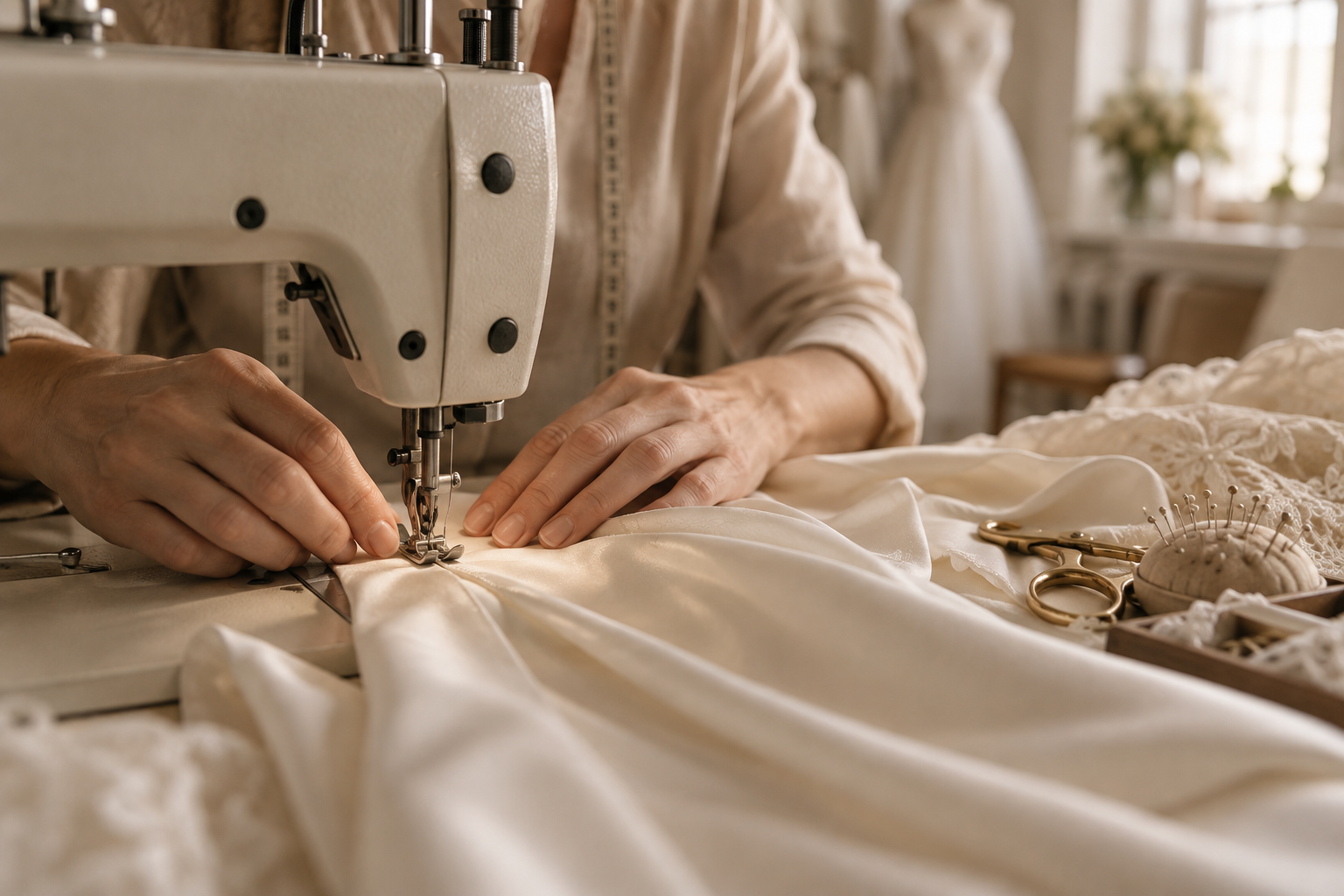 Fabric being carefully stitched at a sewing machine